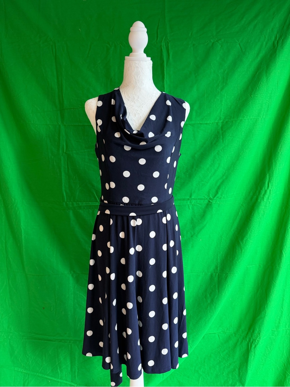 Lauren Ralph Lauren Navy and White Polka Dot Sleeveless Cowl Neck Midi Dress